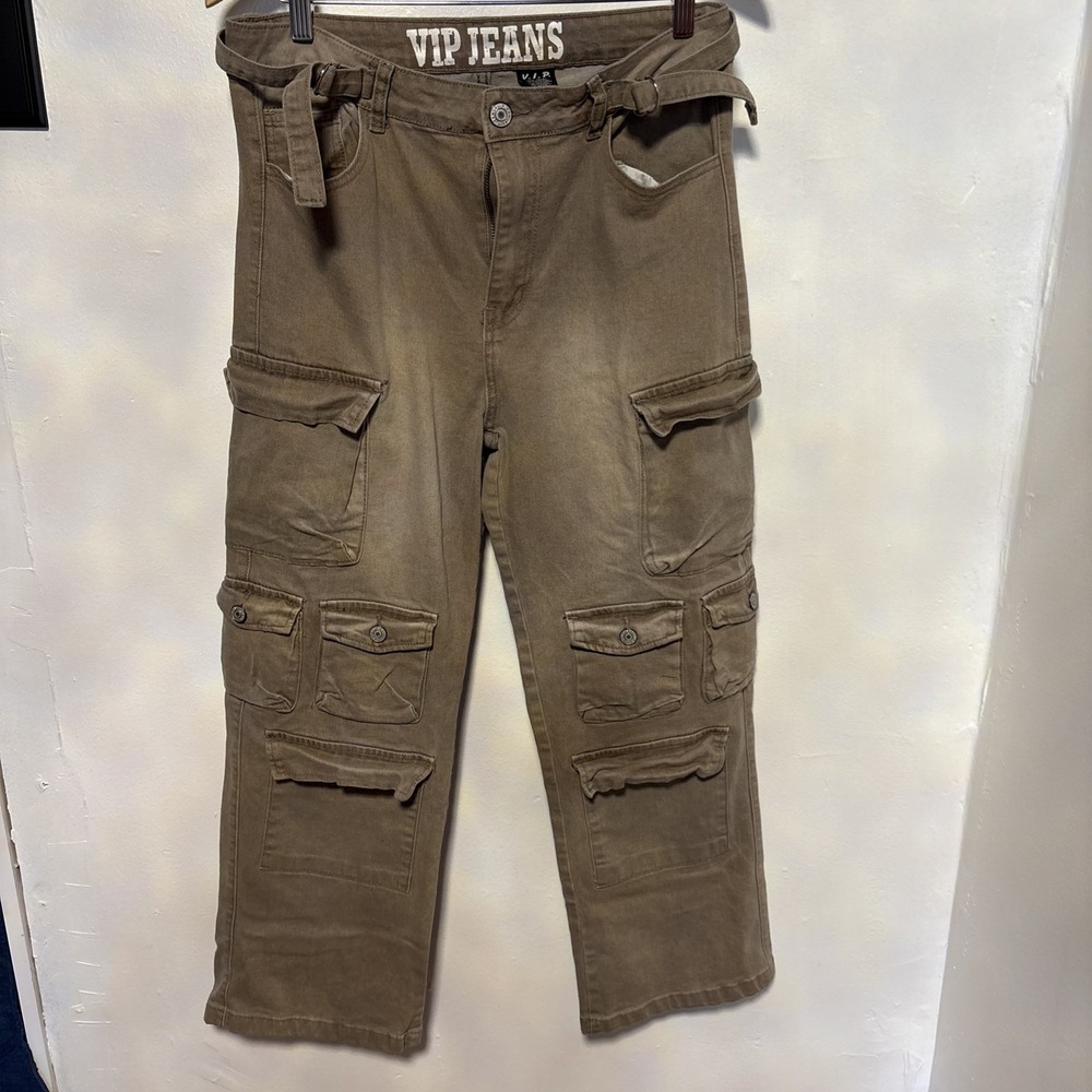 VIP JEANS Women's Khaki Cargo Pants Flare Leg Stretch Size 13/31